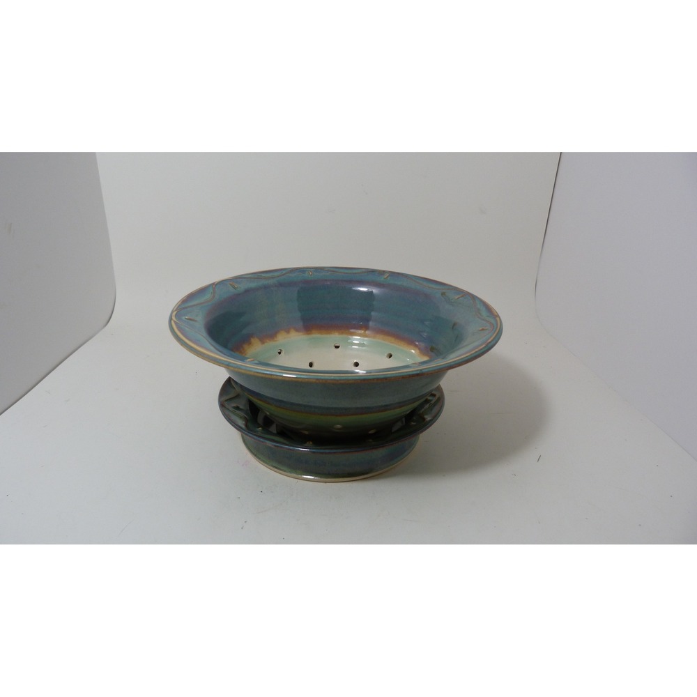 Earthly Bounty Studio Pottery Berry Bowl Colander and Drip Plate Teal Blue Glaze